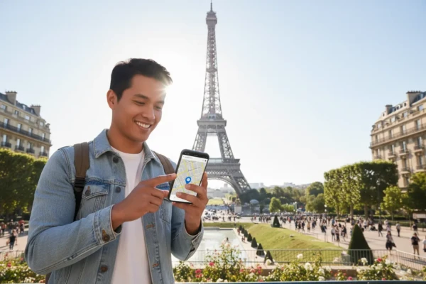 Pessoa usando o celular durante viagem sem roaming com um eSIM ativo.
