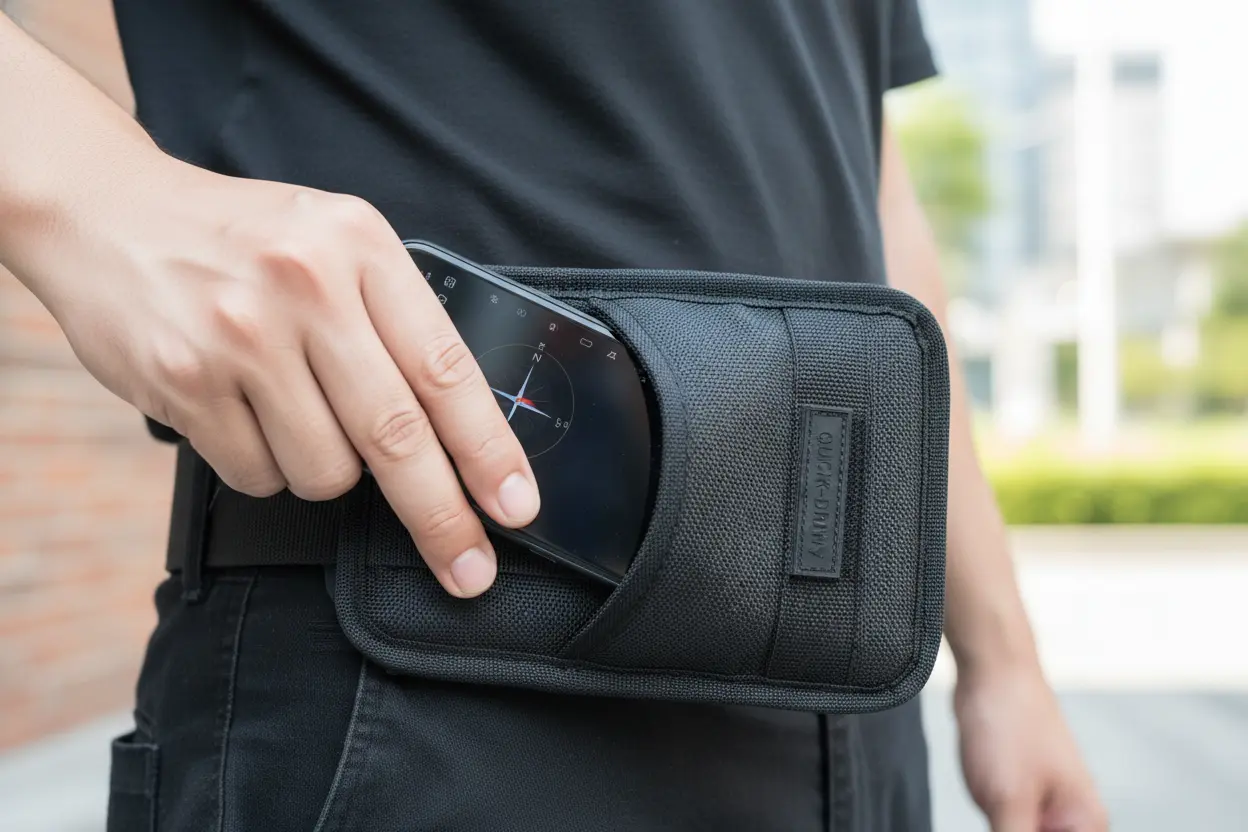 Mão acessando celular em case de cintura com velcro