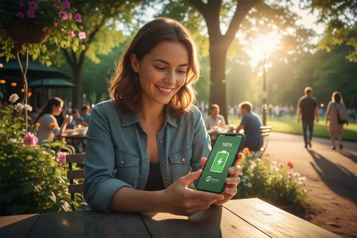 Pessoa usando smartphone com bateria cheia ao ar livre, simbolizando longa duração.