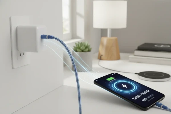 Carregador 30W universal carregando um smartphone rapidamente.