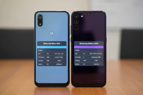 Comparativo visual entre Moto G04 azul e Galaxy A05s violeta, mostrando telas e designs.