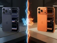 Comparação de dois iPhones futuristas, azul-escuro e laranja, divididos por um símbolo 'VS' de energia brilhante.