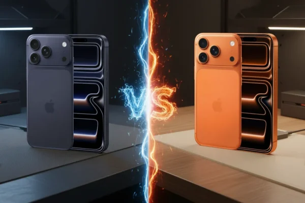 Comparação de dois iPhones futuristas, azul-escuro e laranja, divididos por um símbolo 'VS' de energia brilhante.