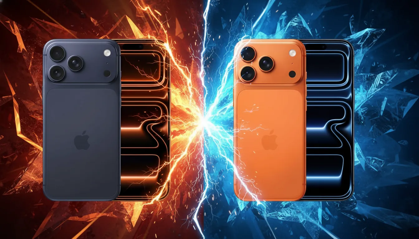 Dois modelos de iPhone 17 em tons escuro e laranja divididos por eletricidade em fundo de fogo e gelo.