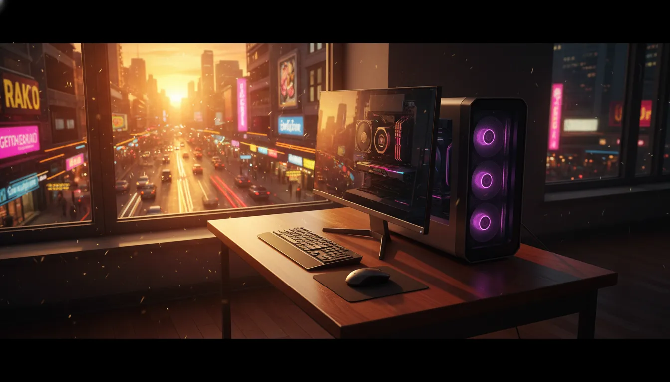 Computador potente em mesa de madeira ao lado de janela com vista urbana ao pôr do sol.