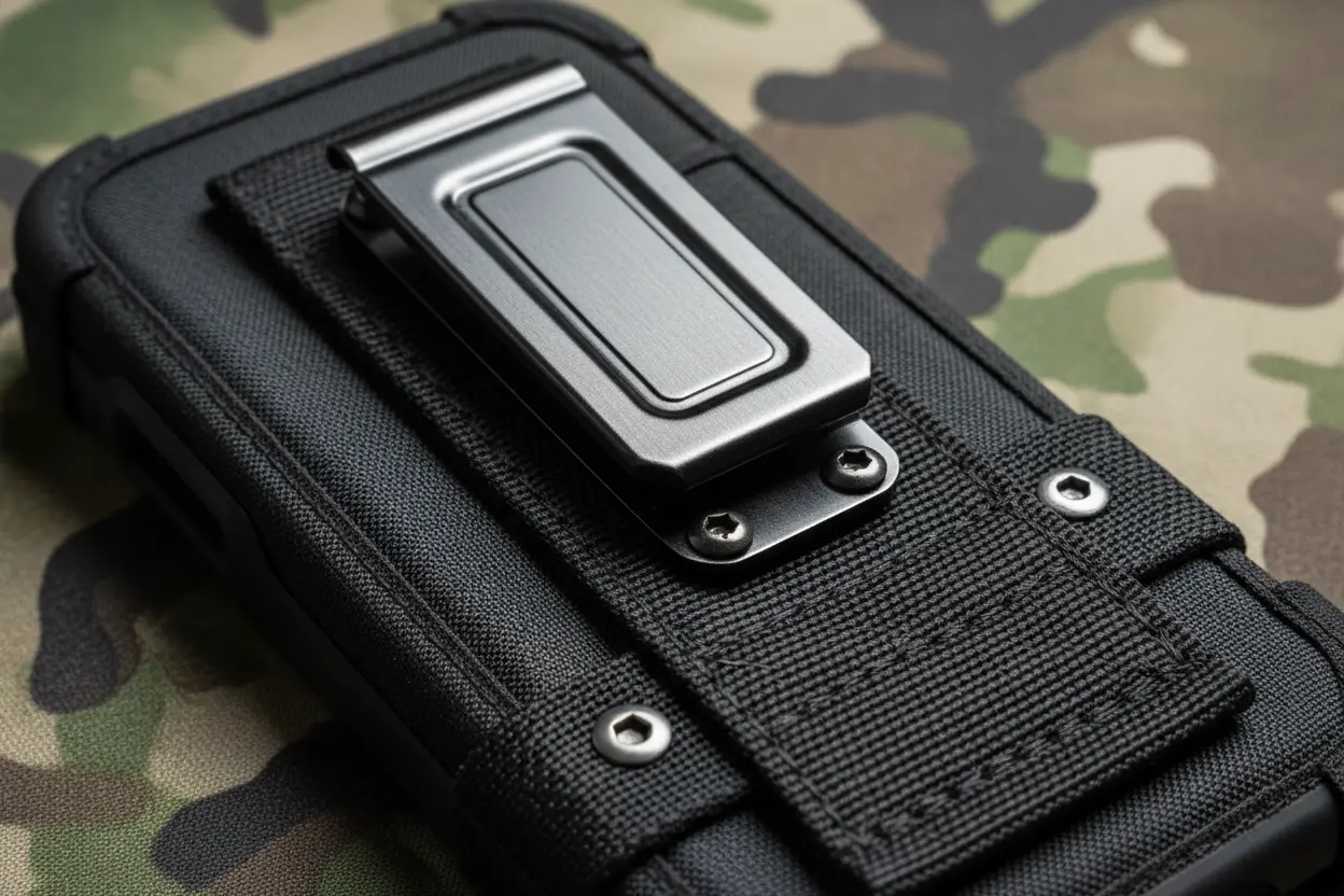 Detalhe do clip de metal e passante de cinto de case para celular