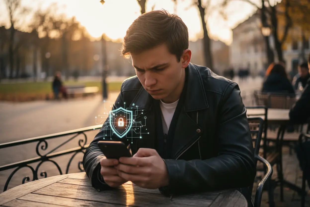 Usuário protegendo celular de invasores em ambiente público