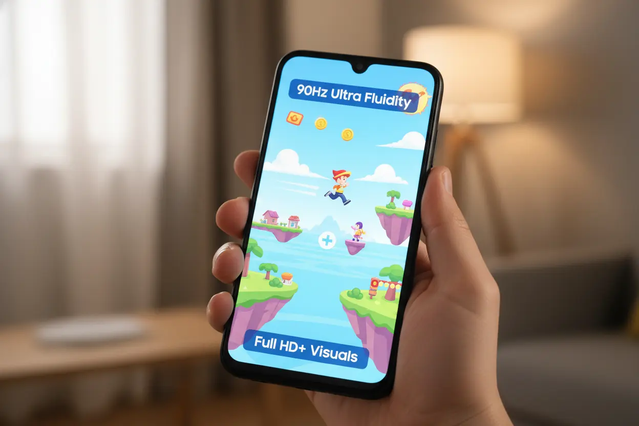 Mão segurando Galaxy A05s com jogo na tela, destacando fluidez e qualidade Full HD .