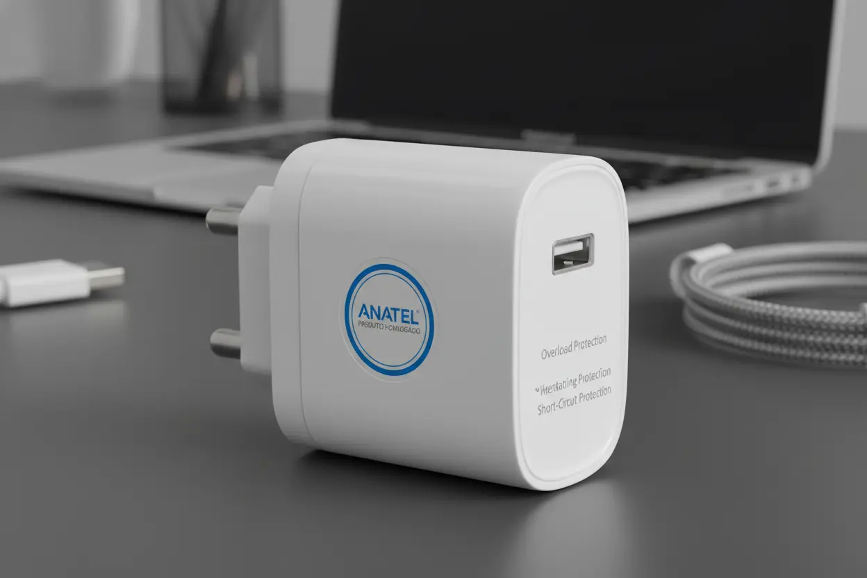 Carregador 30W com selo Anatel e proteções de segurança.