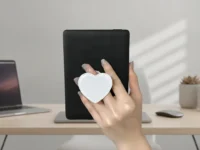Mão segura dispositivo preto com suporte antiderrapante em formato de coração branco sobre mesa de escritório.