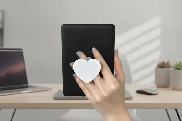 Mão segura dispositivo preto com suporte antiderrapante em formato de coração branco sobre mesa de escritório.
