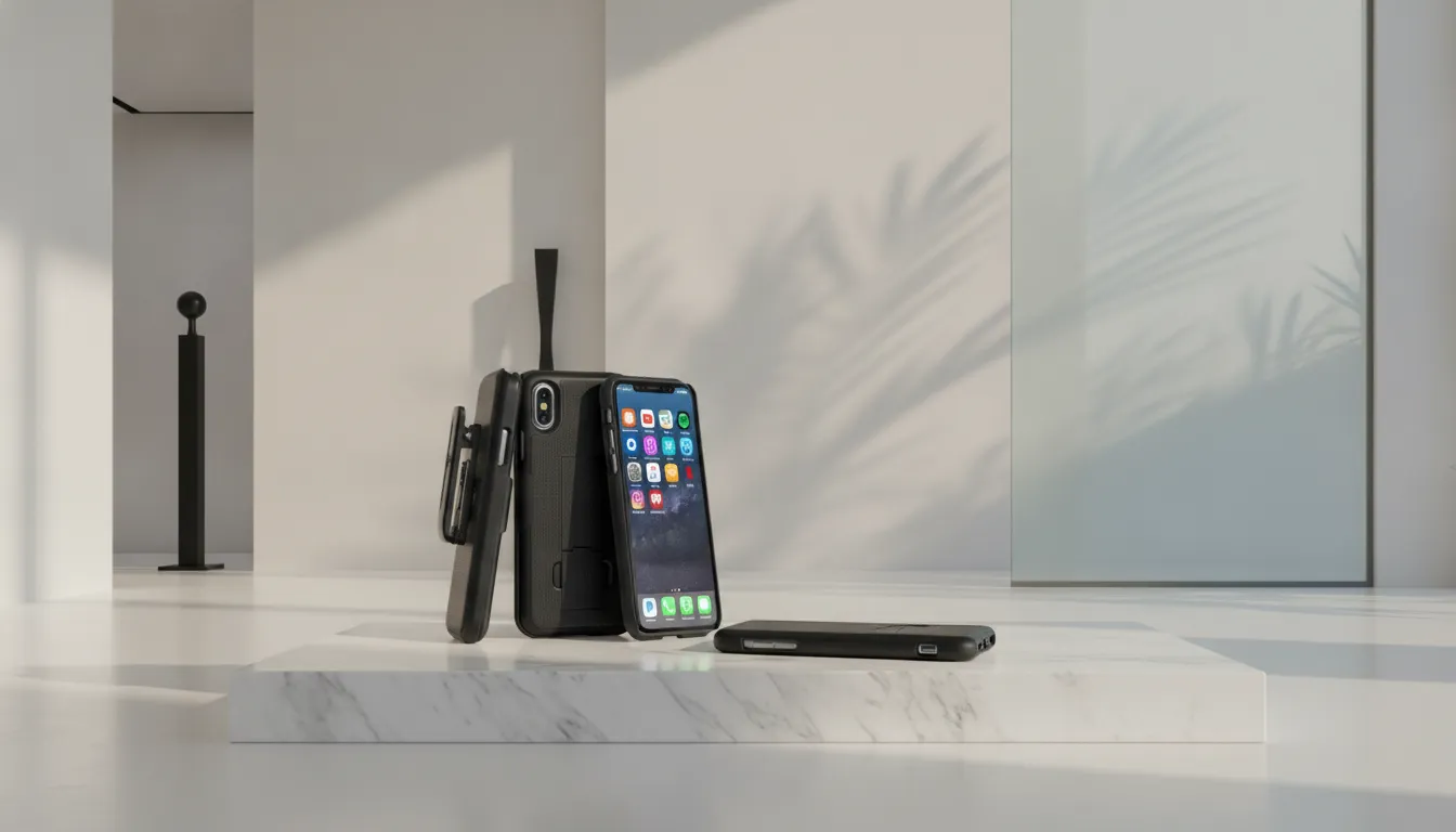 Capa preta Encased DuraClip para iPhone Xs exibida em um pedestal de mármore em ambiente minimalista.