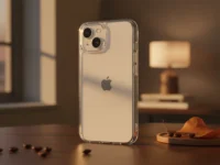 iPhone em pé com capa transparente JETech sobre mesa de madeira com folha seca e grãos de café sob luz quente.