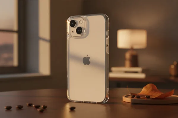 iPhone em pé com capa transparente JETech sobre mesa de madeira com folha seca e grãos de café sob luz quente.