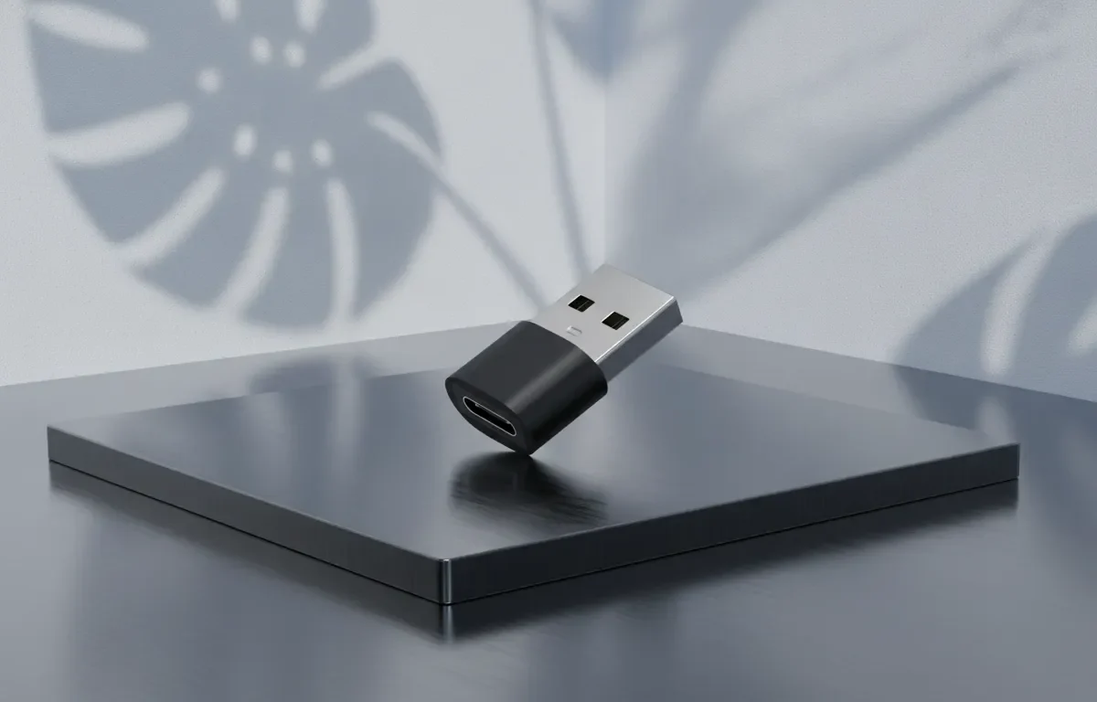 Adaptador USB Tipo-C para Tipo-A equilibrado em plataforma metálica sob sombras de folhas tropicais.