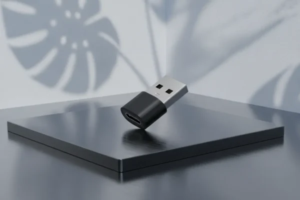 Adaptador USB Tipo-C para Tipo-A equilibrado em plataforma metálica sob sombras de folhas tropicais.