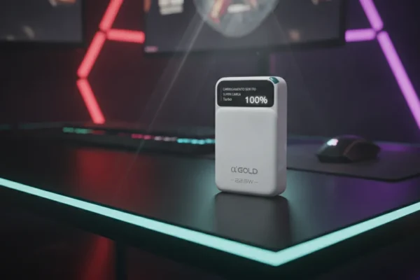 Carregador portátil branco de 10000 mAh com visor digital sobre mesa gamer com iluminação LED.
