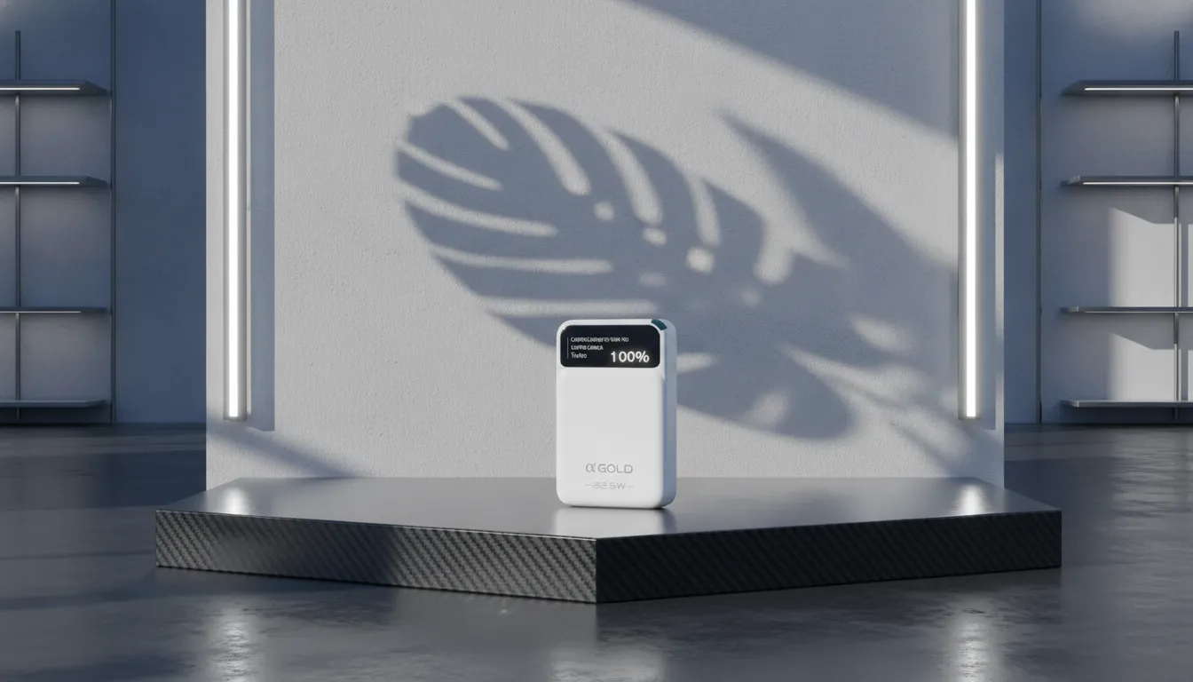 Power bank por indução de 10000 mAh sobre pedestal escuro com sombra de folha de monstera ao fundo.