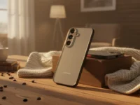 Galaxy A55 com capa premium dourada apoiado em bloco de madeira sob luz quente e aconchegante.