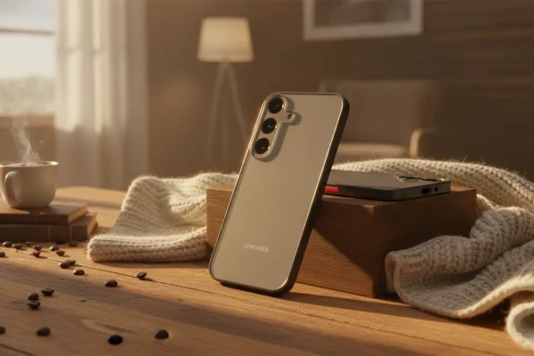 Galaxy A55 com capa premium dourada apoiado em bloco de madeira sob luz quente e aconchegante.
