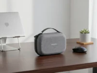 Bolsa organizadora UGREEN cinza sobre mesa de madeira ao lado de notebook e mouse.