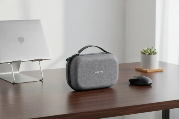 Bolsa organizadora UGREEN cinza sobre mesa de madeira ao lado de notebook e mouse.