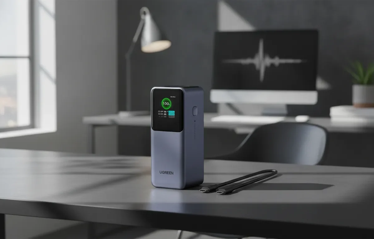 Power bank UGREEN 130W 20000mAh com tela digital em uma mesa moderna ao lado de um cabo USB-C.