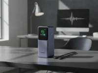 Power bank UGREEN 130W 20000mAh com tela digital em uma mesa moderna ao lado de um cabo USB-C.