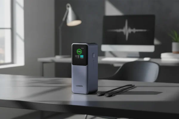 Power bank UGREEN 130W 20000mAh com tela digital em uma mesa moderna ao lado de um cabo USB-C.