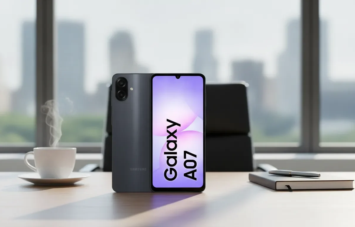 Samsung Galaxy A07 visto de frente e verso em uma mesa com café e caderno, fundo de cidade.