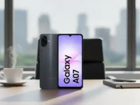 Samsung Galaxy A07 visto de frente e verso em uma mesa com café e caderno, fundo de cidade.