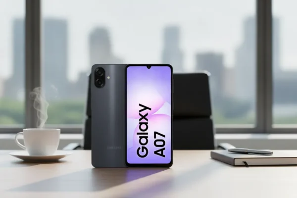 Samsung Galaxy A07 visto de frente e verso em uma mesa com café e caderno, fundo de cidade.
