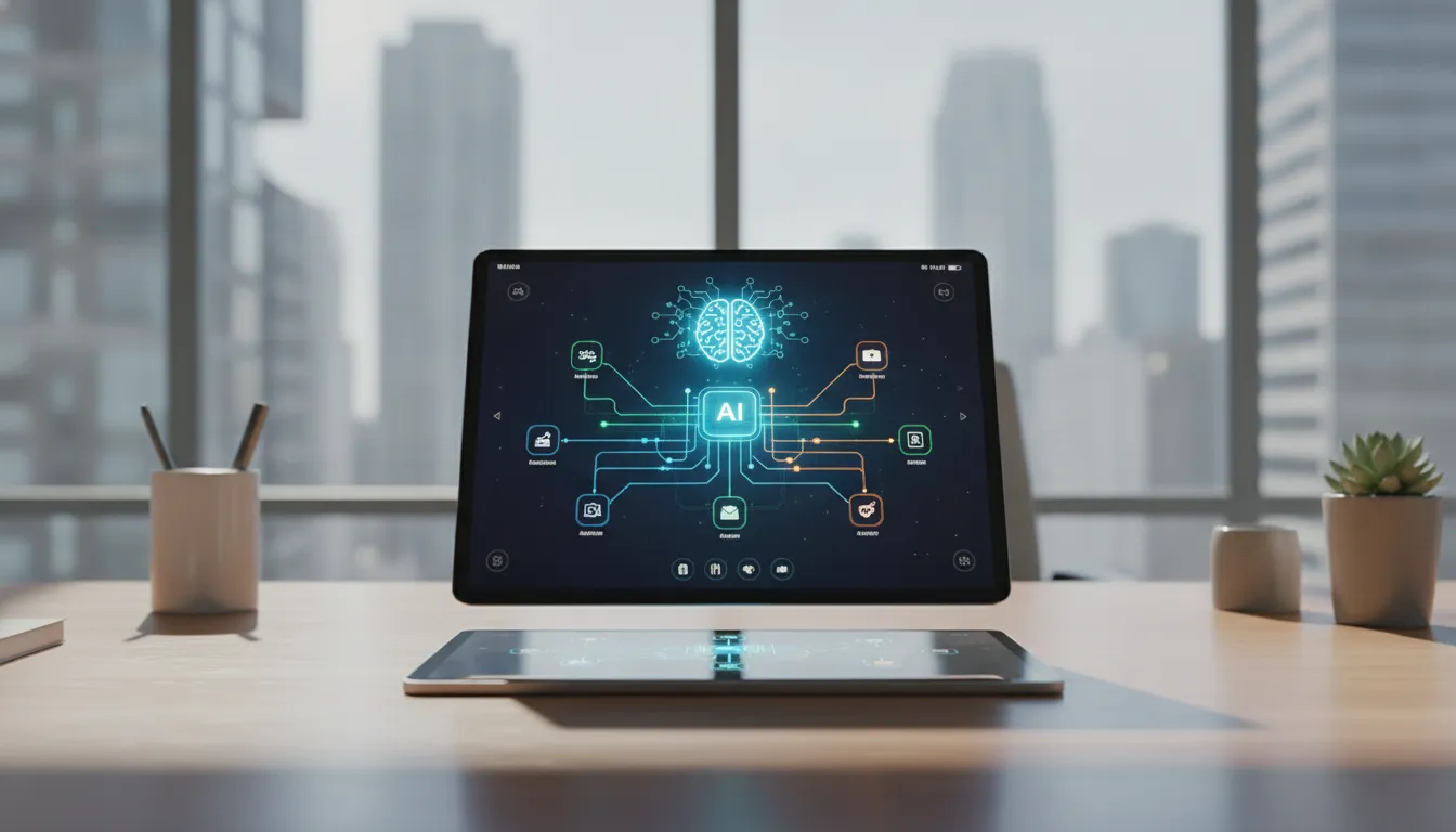 Tablet exibindo um diagrama luminoso de inteligência artificial com conexões de ferramentas sobre uma mesa.