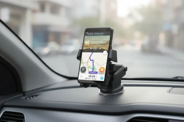 Smartphone com GPS acoplado ao Suporte Celular Universal HS no painel de um carro.