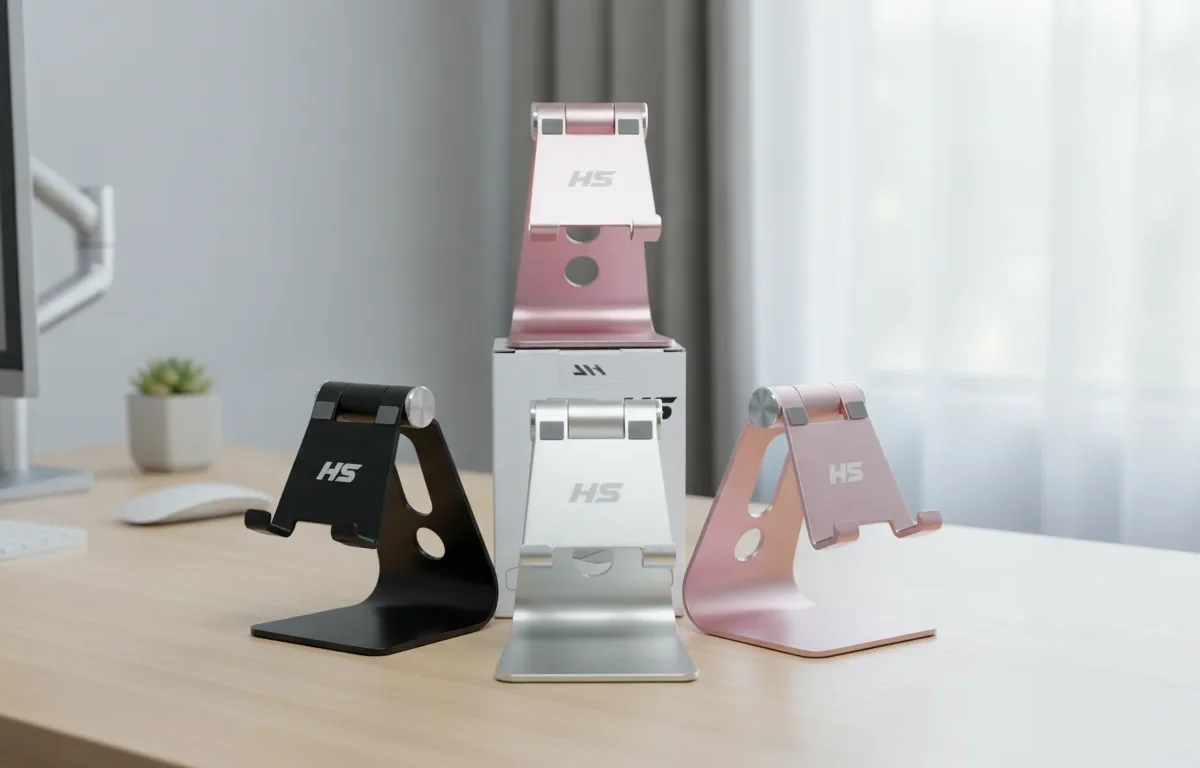 Quatro suportes de mesa metálicos ajustáveis Geonav SUPMAG3 em preto, prata e rosa sobre uma mesa de madeira.