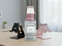 Quatro suportes de mesa metálicos ajustáveis Geonav SUPMAG3 em preto, prata e rosa sobre uma mesa de madeira.