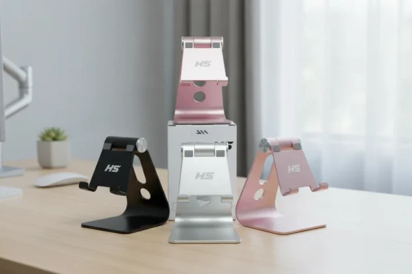 Quatro suportes de mesa metálicos ajustáveis Geonav SUPMAG3 em preto, prata e rosa sobre uma mesa de madeira.