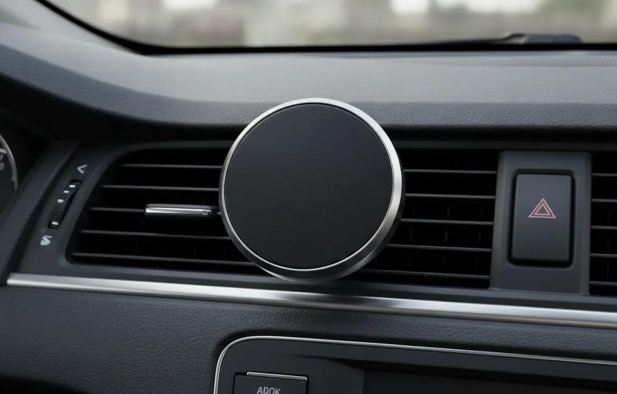 Suporte circular preto e prata Gowjaw Cute Heart fixado na saída de ar do painel de um carro.