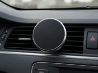 Suporte circular preto e prata Gowjaw Cute Heart fixado na saída de ar do painel de um carro.
