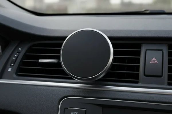 Suporte circular preto e prata Gowjaw Cute Heart fixado na saída de ar do painel de um carro.