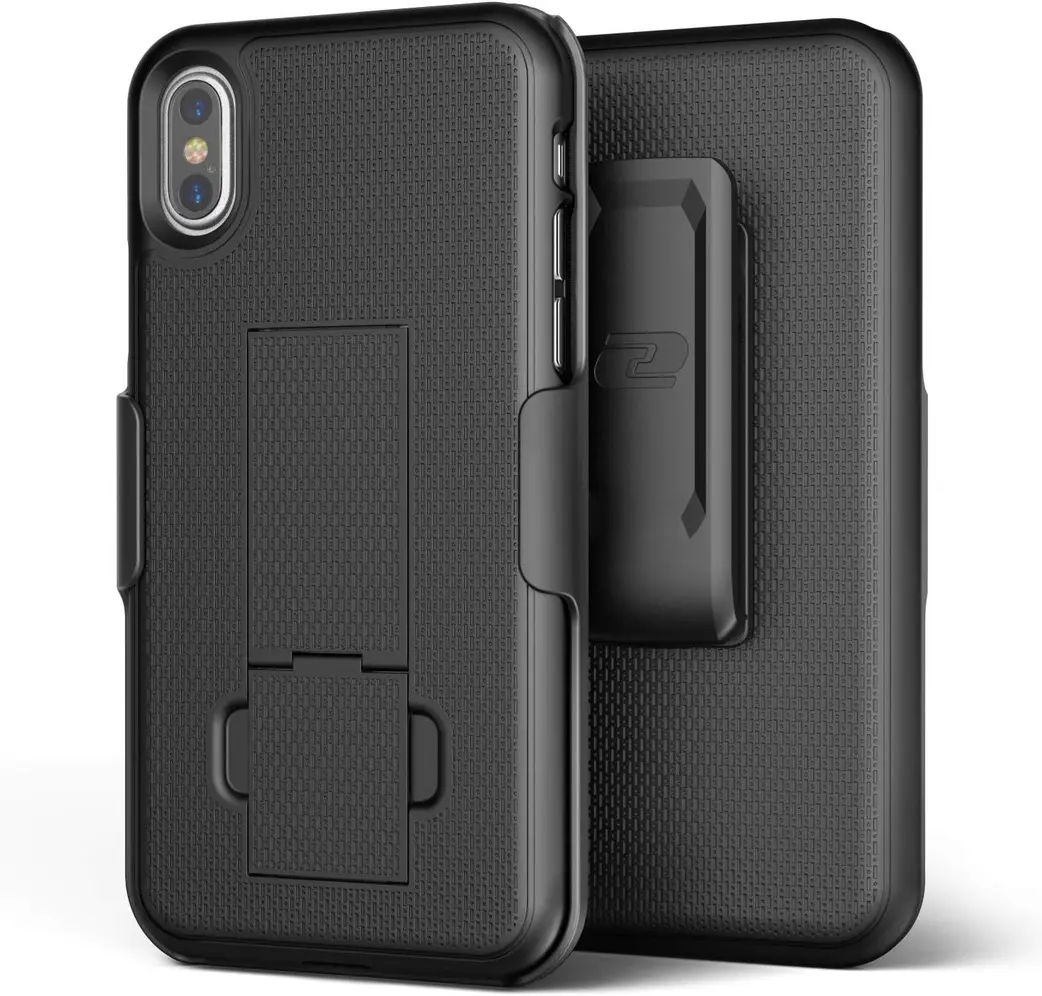 Pessoa com iPhone XS na capa Encased no cinto.