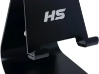 Suporte de celular e tablet Geonav SUPMAG3 em alumínio, articulado, com smartphone e tablet em uso no home office.