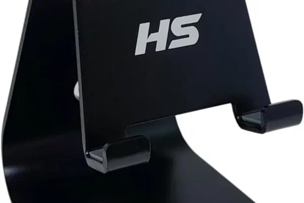 Suporte de celular e tablet Geonav SUPMAG3 em alumínio, articulado, com smartphone e tablet em uso no home office.