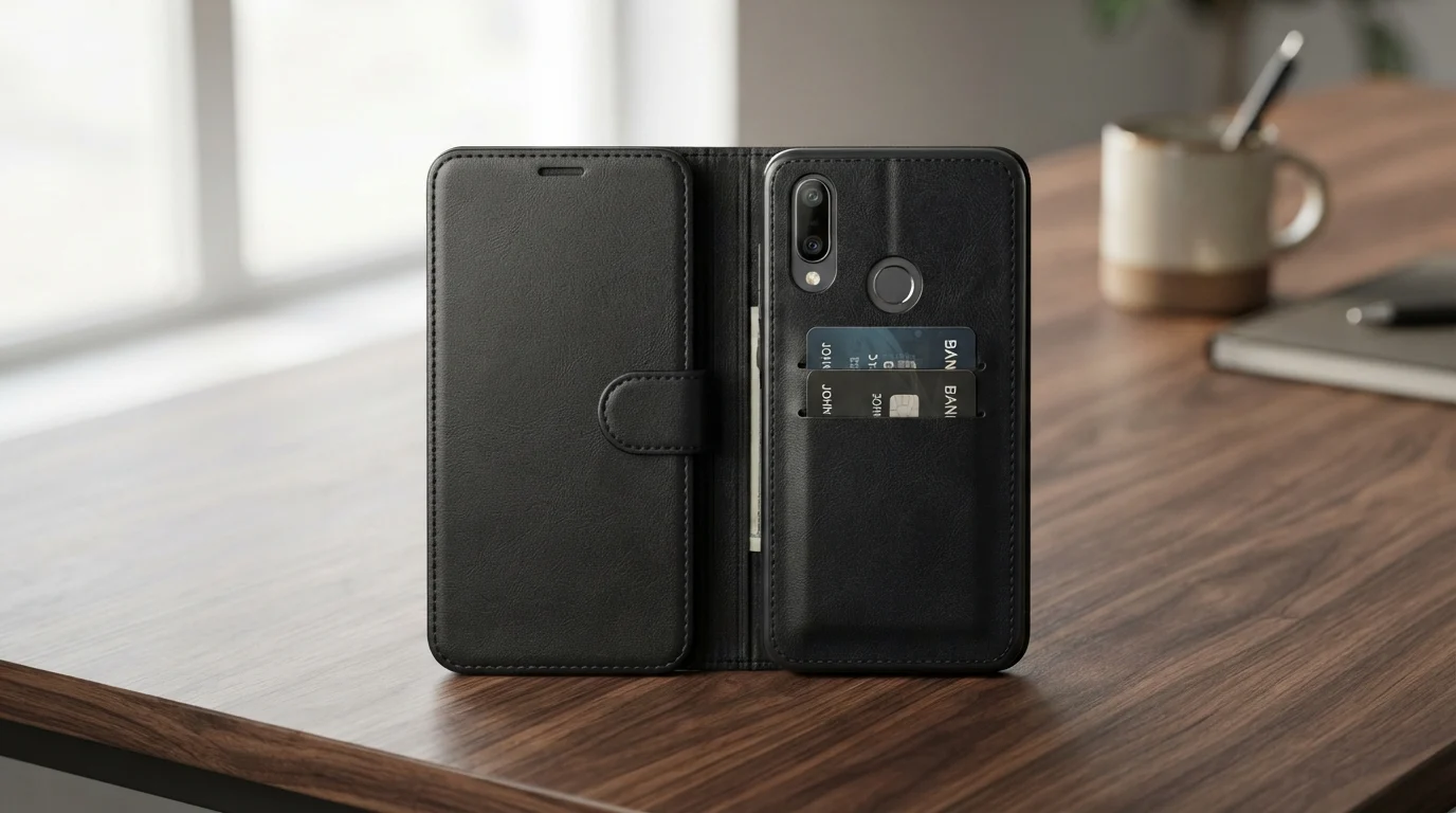 Acessório para smartphone: capa carteira preta com recortes para câmera e sensor digital em mesa de escritório minimalista.