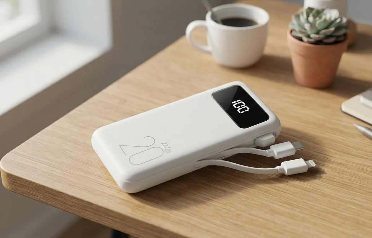 Carregador portátil power bank de 22.5W turbo branco com display digital sobre mesa de madeira