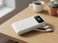 Carregador portátil power bank de 22.5W turbo branco com display digital sobre mesa de madeira