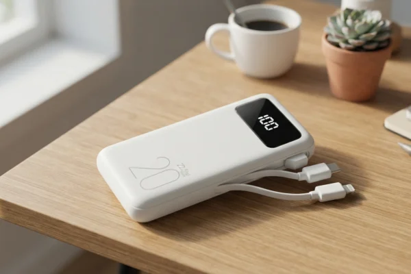 Carregador portátil power bank de 22.5W turbo branco com display digital sobre mesa de madeira