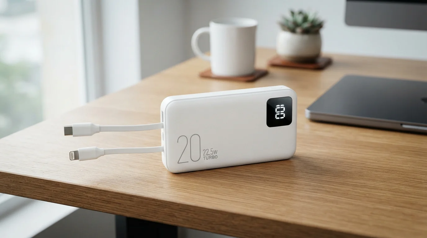 Power bank branco com cabos USB-C e Lightning integrados sobre mesa de escritório