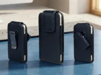 Capa porta celular smartphone com clipe para cinto em couro preto com costura branca.