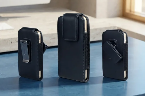 Capa porta celular smartphone com clipe para cinto em couro preto com costura branca.